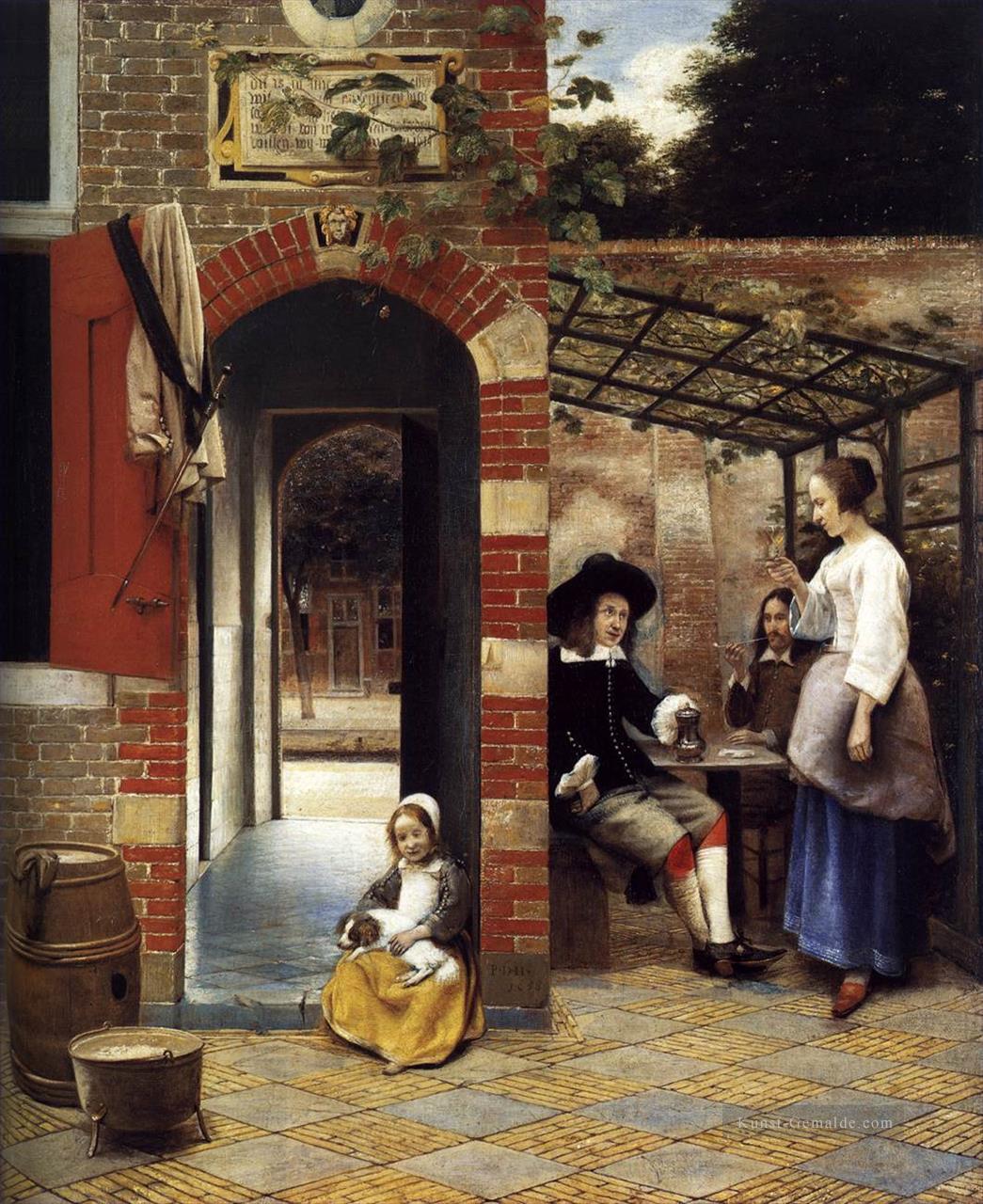 Figuren in einem Hof Genre Trinken Pieter de Hooch Ölgemälde